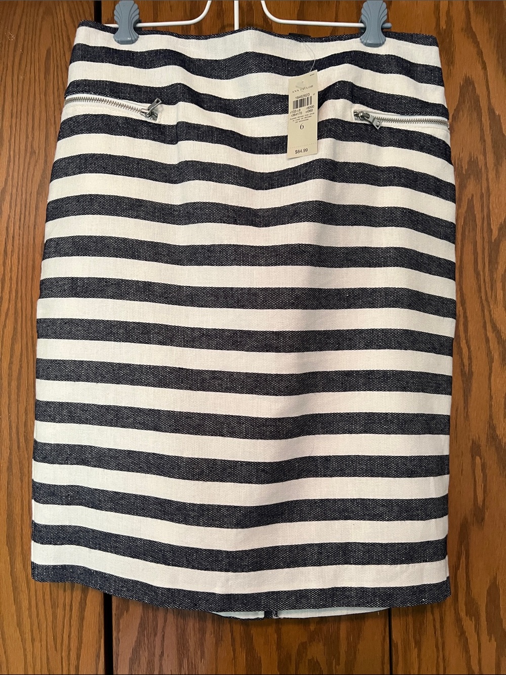 Ann Taylor Navy and White Striped Pencil Skirt with Zip Pocket Accents